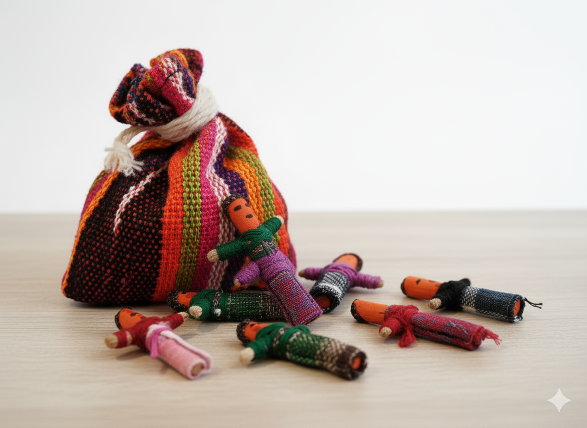Lot de 21 poupées guatémaltèques faites à la main avec 2 sacs de rangement colorés | Poupées inquiètes pour filles | Poupées anti-anxiété | Poupée guatamalaise