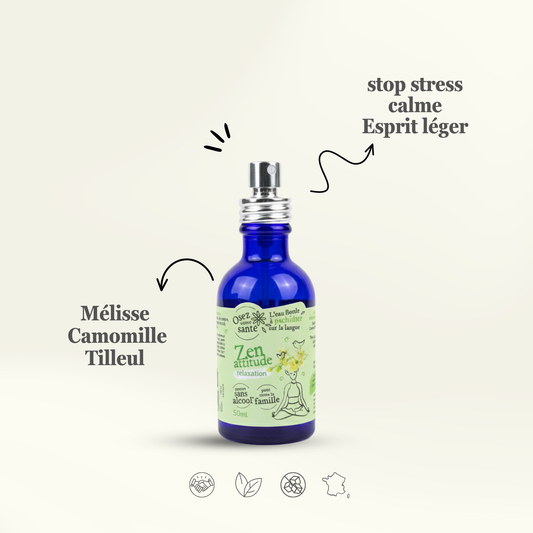 Infographie du produit Zen Attitude d'Osez votre santé, détaillant ses ingrédients, Mélisse, Camomille, Tilleul, et ses bienfaits : stop stress, calme et esprit léger.
