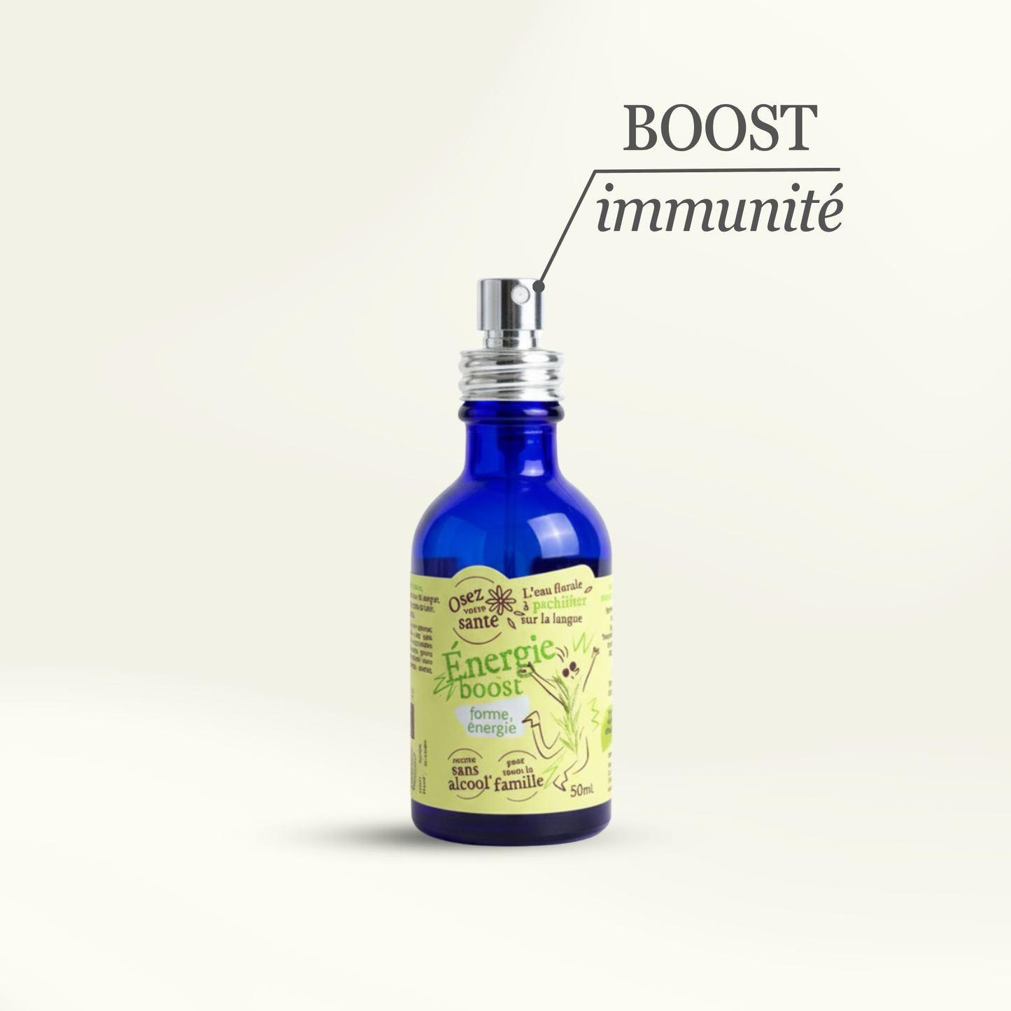 Flacon pulvérisateur en verre bleu de l'hydrolat bio Énergie Boost d'Osez votre santé avec l'inscription BOOST immunité.