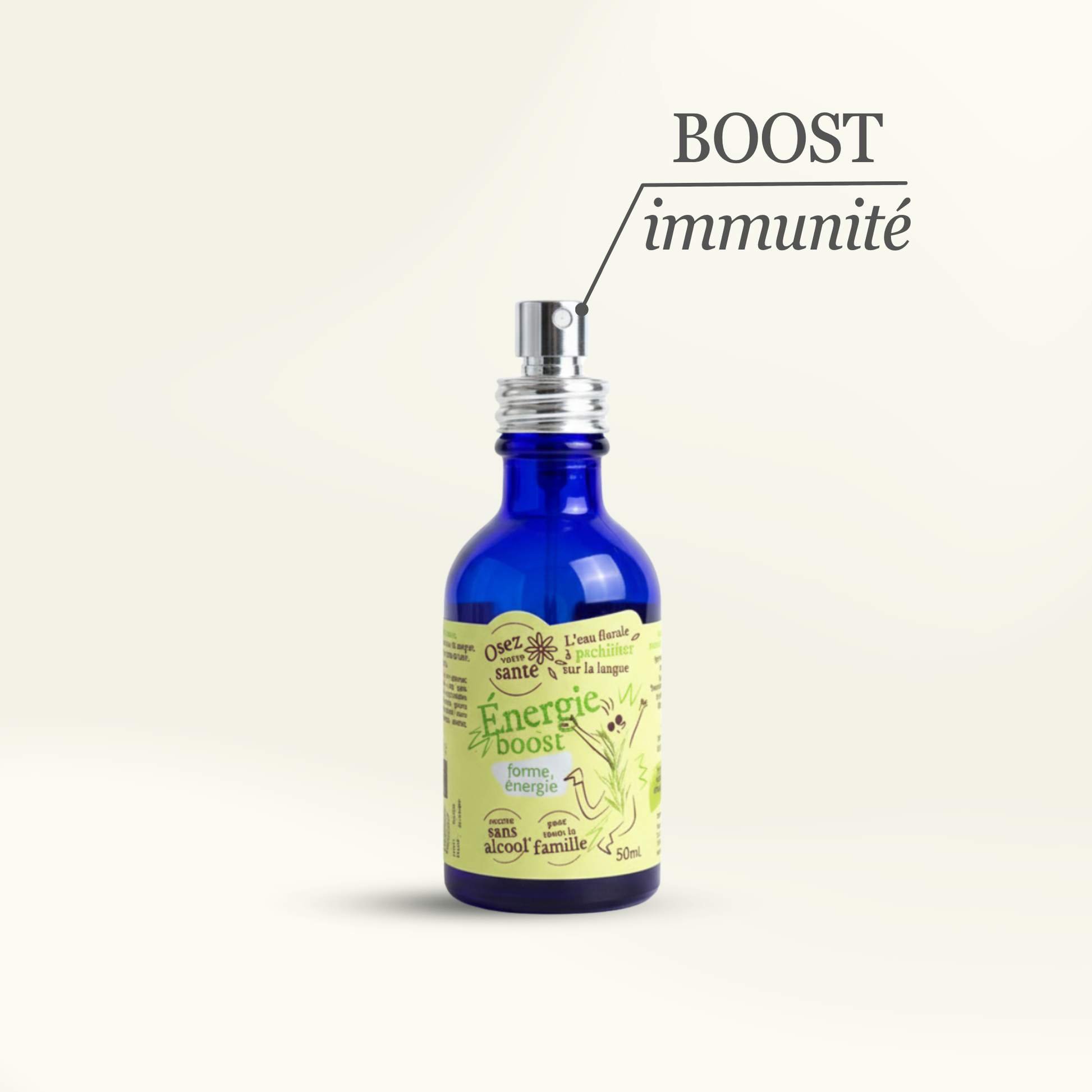 Flacon pulvérisateur en verre bleu de l'hydrolat bio Énergie Boost d'Osez votre santé avec l'inscription BOOST immunité.