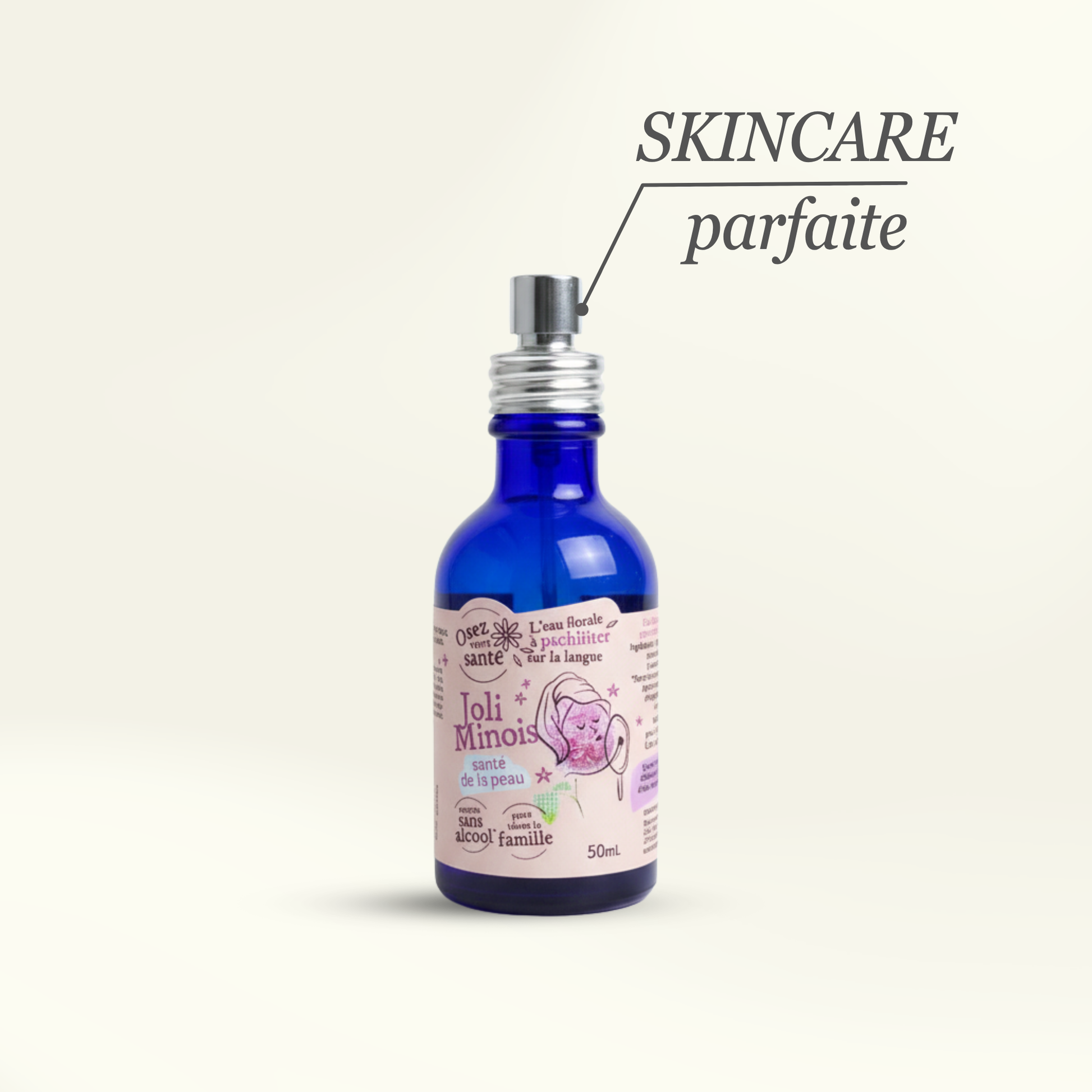 Flacon pulvérisateur en verre bleu de l'hydrolat bio Joli Minois d'Osez votre santé avec l'inscription SKINCARE parfaite.