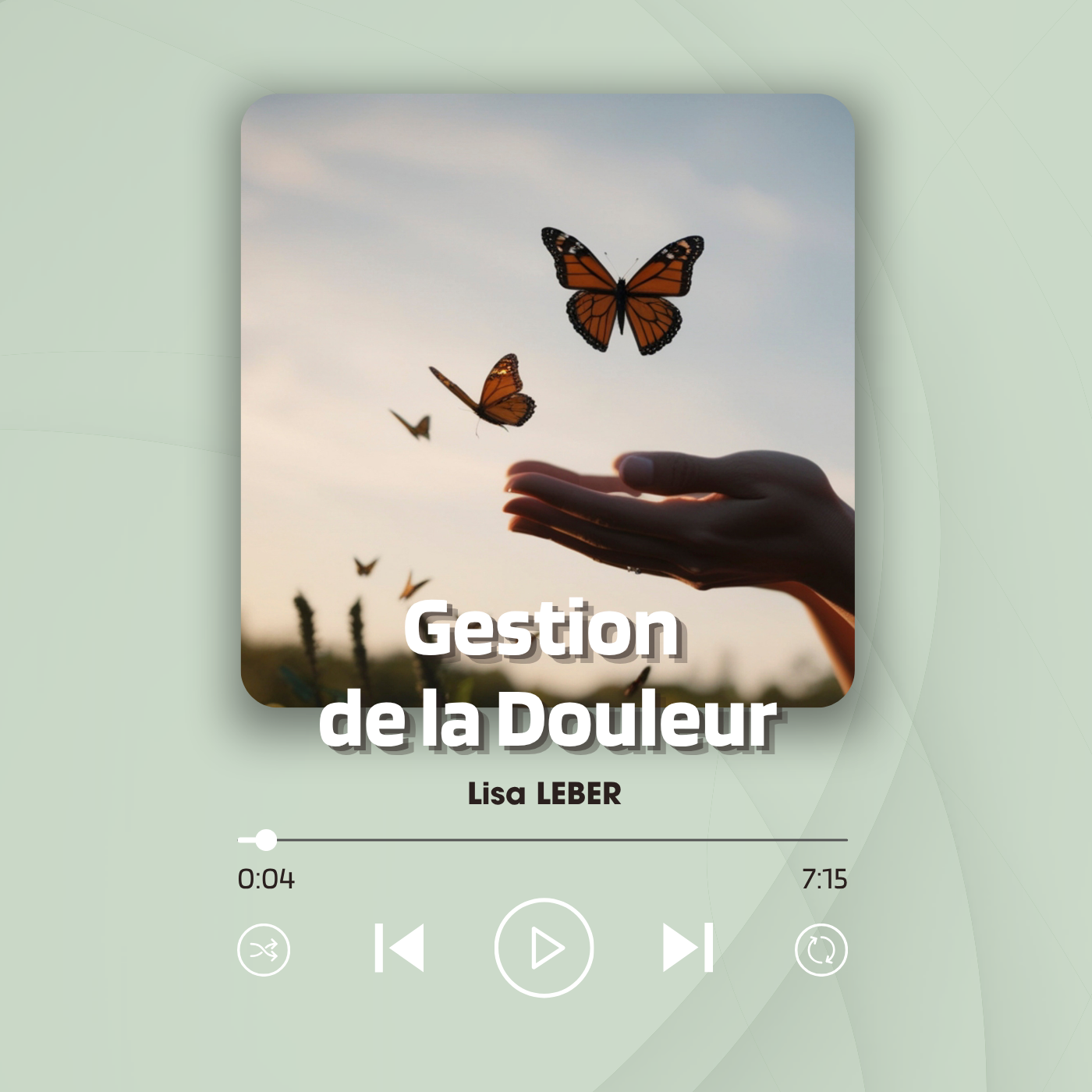 Visuel d'illustration de format audio intitulé Gestion de la Douleur par Lisa LEBER, montrant une main ouverte libérant des papillons monarques dans le ciel au coucher du soleil