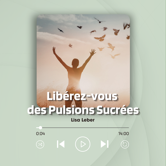 Visuel d'illustration de format audio intitulé Libérez-vous des Pulsions Sucrées par Lisa Leber, montrant la silhouette d'une femme les bras levés au ciel au milieu d'un envol d'oiseaux au coucher du soleil.
