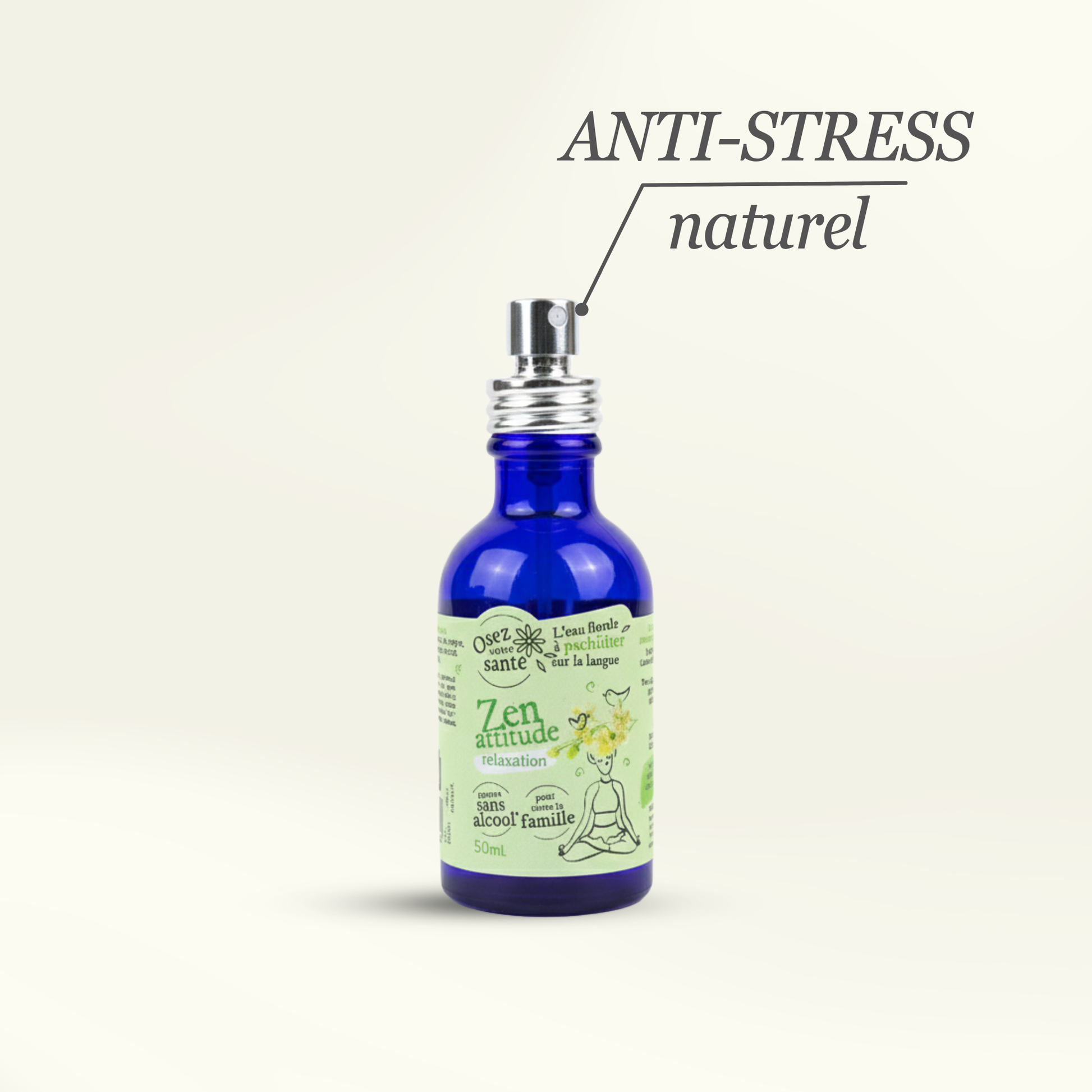 Flacon pulvérisateur en verre bleu de l'hydrolat bio Zen Attitude d'Osez votre santé avec l'inscription ANTI-STRESS naturel.